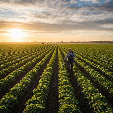 A farmer tends to a vast field of crops during a serene sunset