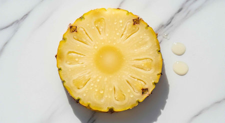 A slice of fresh pineapple on a marble surface with a few drops of juice