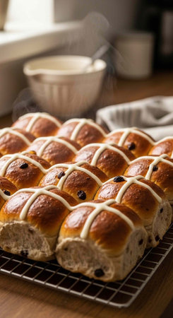 A tray of freshly baked hot cross buns on a wire rack in a kitchenの写真素材