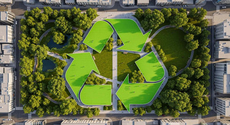 An aerial view of a green park in the shape of a recycling symbol in a modern city