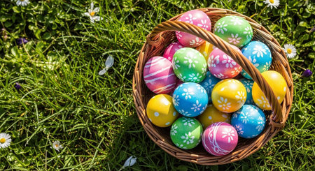 A wicker basket filled with colorful Easter eggs sits on a bed of green grass with small white...