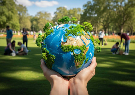 A person holding a globe with trees and water in a park with people in the background