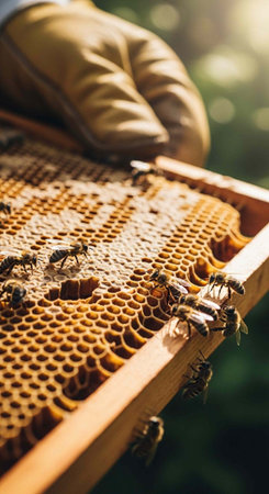 A beekeeper's gloved hand inspects a honeycomb frame filled with busy bees in a sunny apiary...