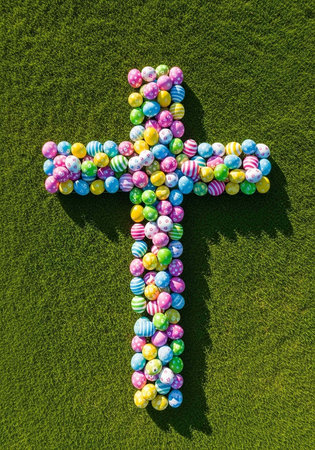 Aerial view of Easter eggs in various colors arranged in a cross on grassの写真素材