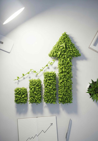 Green plant-based bar chart with rising arrow on white wall, office supplies below