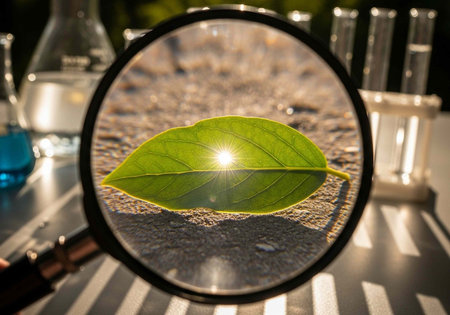 A green leaf magnified by a glass lens with sunlight, on a lab table with test tubes.の写真素材