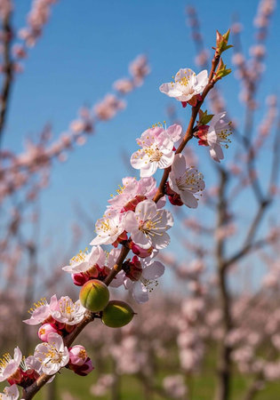 A close-up of pink cherry blossoms and green buds on a tree branch with a blurred background