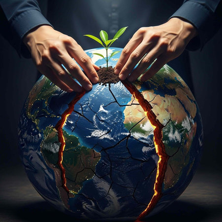 A person's hands cradling a small green plant emerging from a fractured earth globe with molten lavaの写真素材