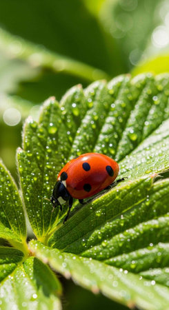 A ladybug sits on a green leaf with dew drops in a natural outdoor environment