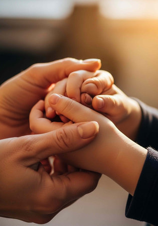Interconnected adult and baby hands in a warm, close-up view with blurred background