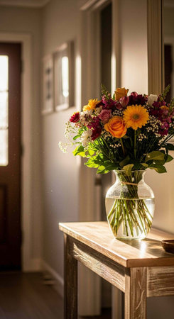 Colorful bouquet of flowers in clear vase on wooden table in hallway with sunlight and framed picturesの写真素材
