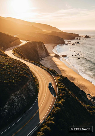 A car drives on a winding coastal road along ocean cliffs at sunset, with a scenic highway and beach landscape