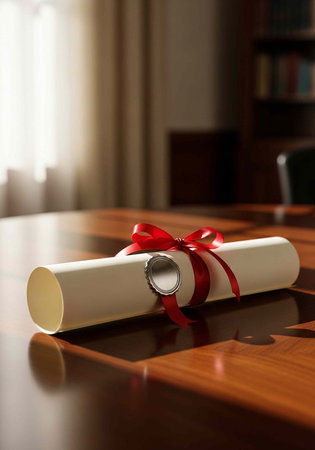 Diploma with red ribbon and silver seal on wooden table in office