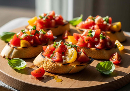 Colorful bruschetta with diced tomatoes, basil, and cheese on toasted bread slices