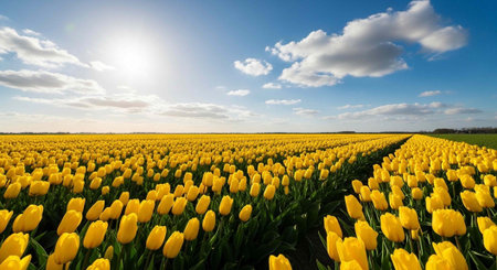 Endless rows of bright yellow tulips stretch towards the horizon under a clear blue sky