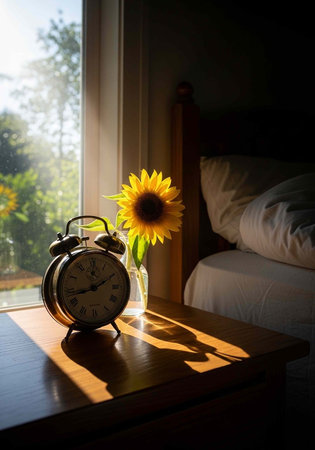 Warm morning light illuminates a bedside table with clock and vase of sunflower