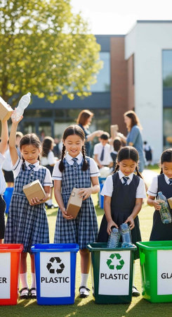 Children in uniforms standing with recycling bins, holding books and plastic bottles outdoors