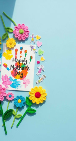 Vibrant handmade card with flowers and stickers celebrating Mother's Day on a light blue surfaceの写真素材