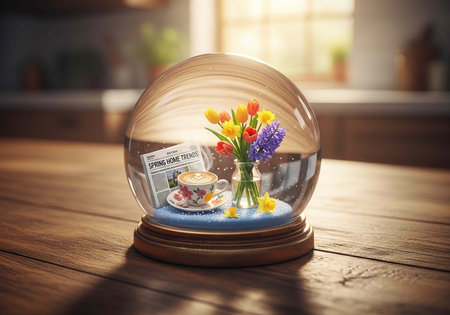A miniature spring scene inside a snow globe with flowers, tea cup, and newspaper on a wooden table