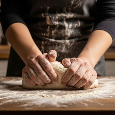 Close-up of hands covered in flour kneading dough on a wooden surface