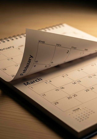 A spiral-bound calendar on a wooden desk with February and March pages visibleの写真素材