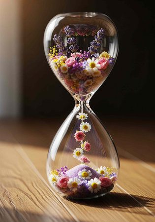 Glass hourglass filled with pink, purple, and white flowers on a wooden surfaceの写真素材