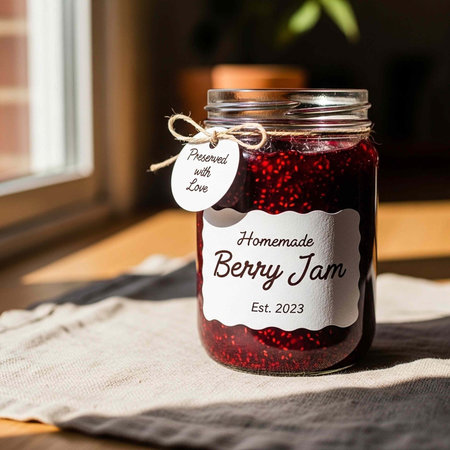 A glass jar of homemade berry jam with a label and tag on a table by a window