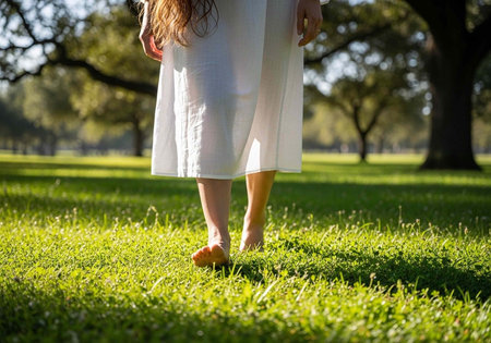 Woman in white dress walking barefoot on lush green grass in a serene park settingの写真素材