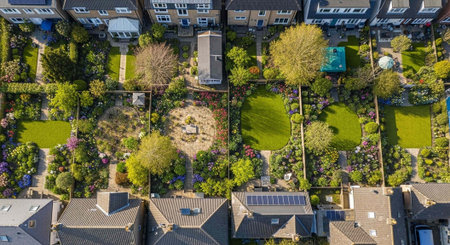 Aerial view of a neighborhood with green gardens, trees, and gray roofs of houses.の写真素材