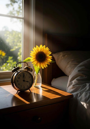 Warm morning light illuminates a bedside table with an alarm clock and vase with sunflowerの写真素材