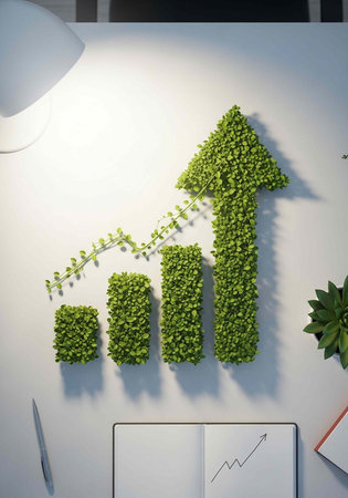 A creative arrangement of green plants forming a bar graph with an upward arrow on a white deskの写真素材