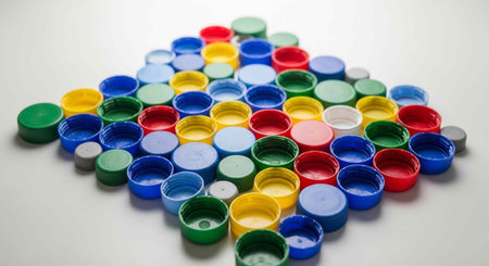 A collection of multicolored plastic bottle caps scattered on a plain white background