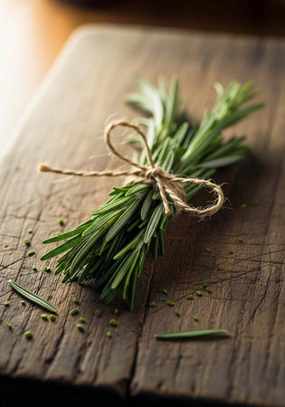 A bundle of green rosemary tied with twine on a rustic wooden cutting boardの写真素材