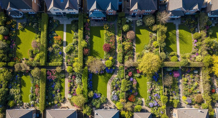 Aerial perspective of neatly arranged gardens with green lawns, flowerbeds, and trees surrounding...