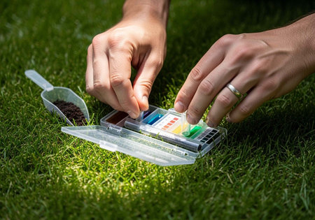 Hands holding a soil testing kit on grass with a small scoop of dirt nearby
