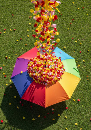 Multicolored umbrella with flower petals falling and scattered around on grassの写真素材