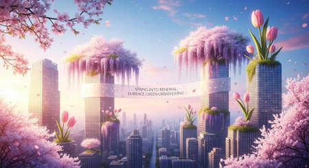 Futuristic city with skyscrapers, pink flowers, and trees, set against a blue sky with sunshine.の写真素材