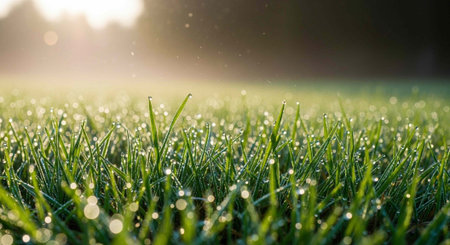 Green grass with dew drops glistening in sunlight, serene natural landscape with blurred backgroundの写真素材