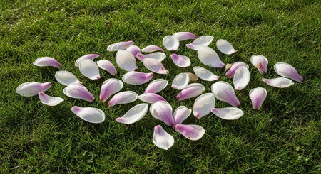 A collection of white and pink flower petals scattered on vibrant green grass outdoors