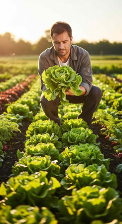 Farmer crouching in a vibrant lettuce field, holding a bunch of fresh green lettuce leaves