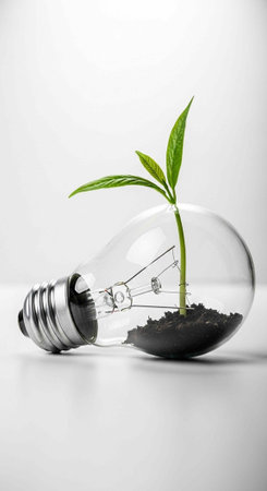 A small green plant grows in soil inside a clear light bulb with visible filament on white surface
