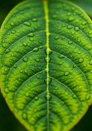 Close-up of a large green leaf covered with water droplets on its veins and surface