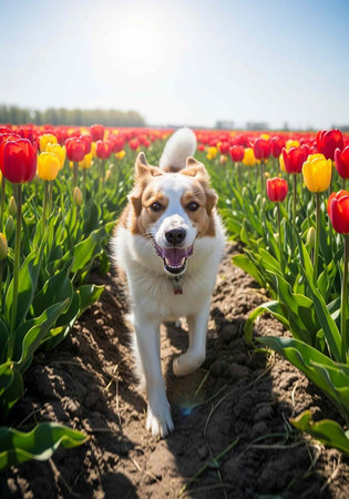 Dog with white and brown fur runs towards camera in a colorful tulip fieldの写真素材