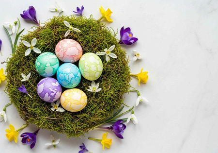Pastel Easter eggs in a green moss nest with purple, yellow, and white flowers on a marble surfaceの写真素材