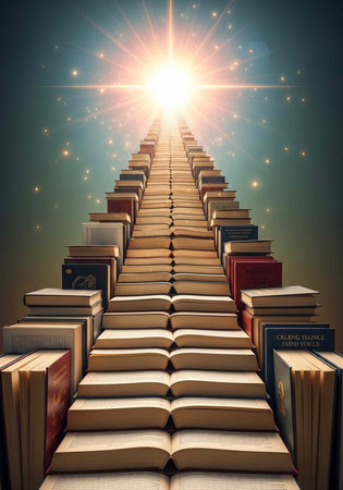 A staircase of stacked books rises high into a starry sky towards a shining light