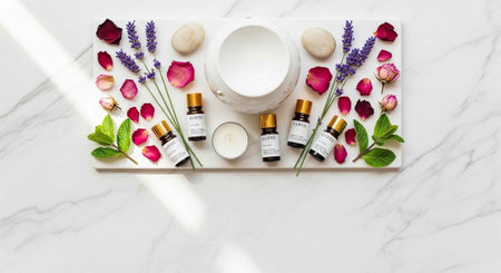 White tray with essential oils, flowers, petals, and stones on a marble background