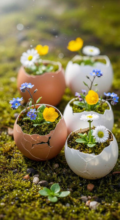 Five eggshell planters with flowers and moss on a green mossy surfaceの写真素材