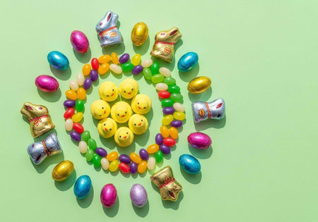 Vibrant Easter candies and chocolates in various colors and shapes on a light green surfaceの写真素材
