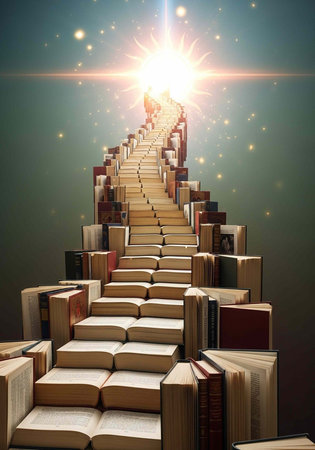 A towering staircase of books ascends to a radiant light with stars in the background