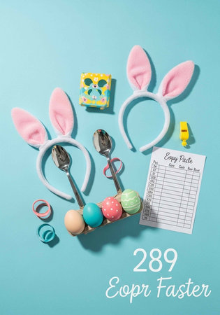 Bunny ears, eggs, and various objects arranged on blue surface with paper and clips